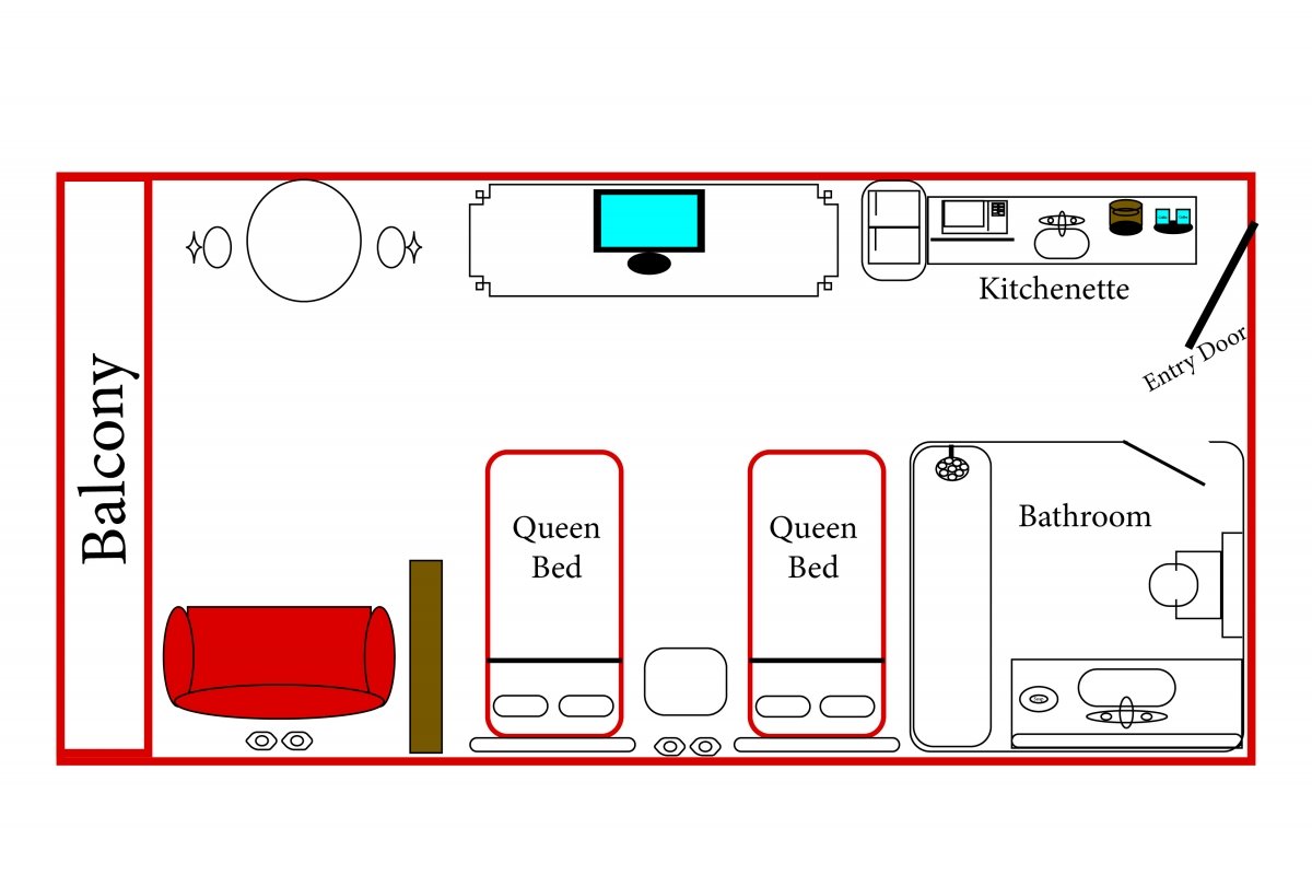 a floor plan for a bedroom with two beds and a couch
